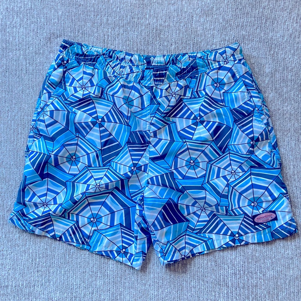 Vineyard Vines Chappy Umbrella Print Swim Trunks Men’s Medium Blue Preppy